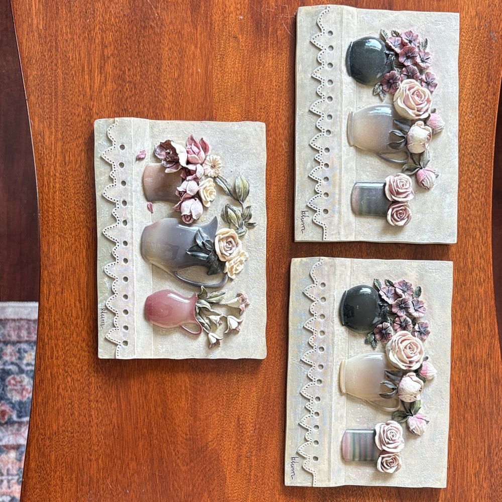 Cheri Bloom Set of 3 Floral Signed Art Plaques